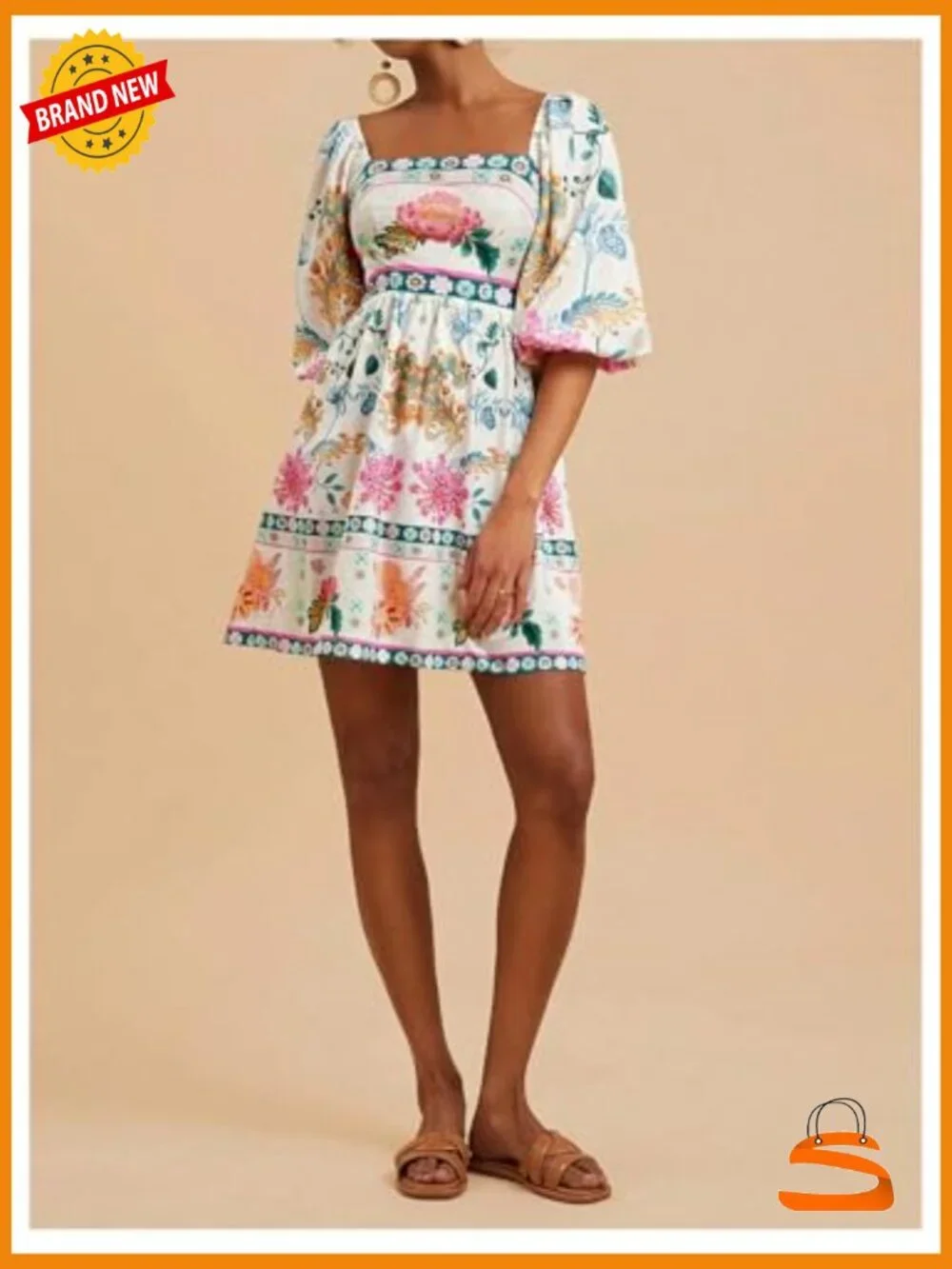 Floral Print Square Neck Puff Sleeve A-Line Swing Dress 3/4 Length - Picture 5 of 5